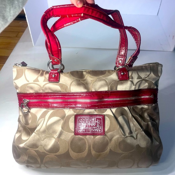 Y2K Authentic Coach Daisy Signature Tote Bag Brown Red Trim #H1257 -F20026 - Picture 1 of 15